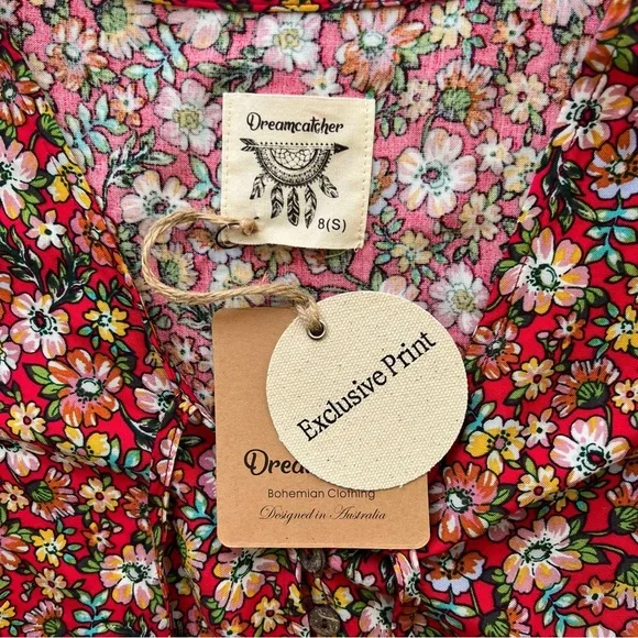 Dreamcatcher Skylar Mini Dress Red Floral Tiered Boho Hippie Size S 8 - NWT - Picture 9 of 14